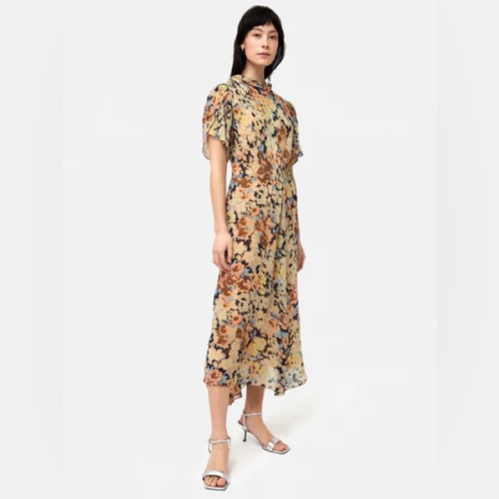 Jigsaw Sheer Petal Crinkle Floral Midi Dress Peach orange size US 8